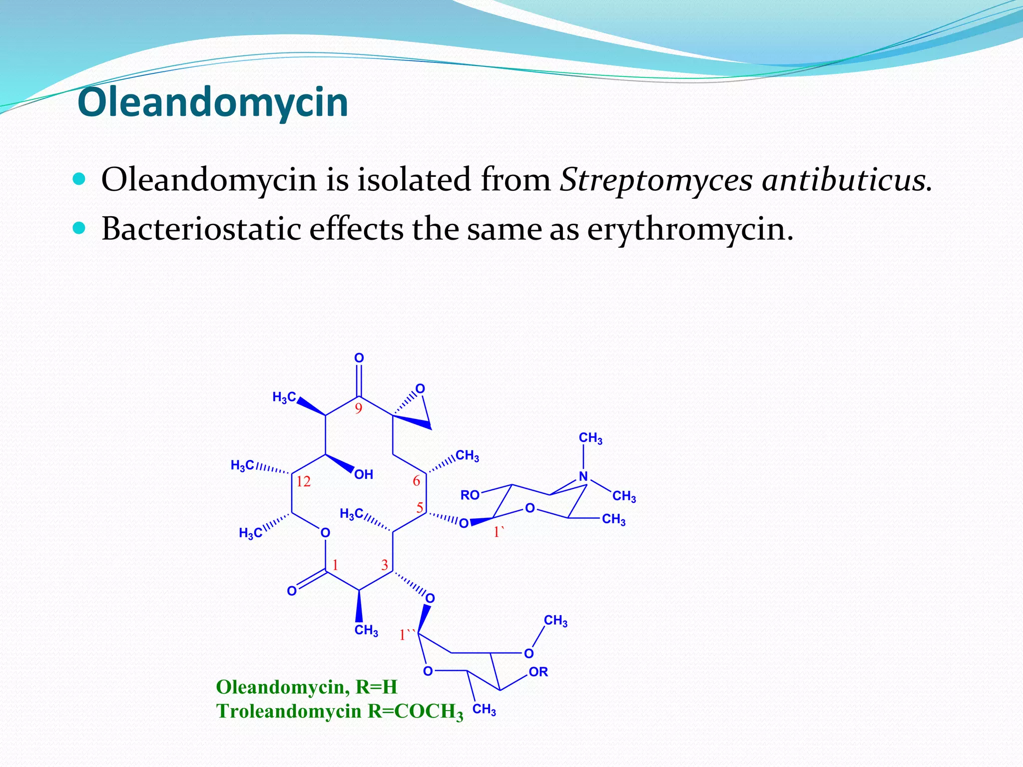 Oleandomycin
O
O
O
CH3
H3C
CH3
O
H3C
OH
H3C
H3C
O
O
RO
CH3
N
CH3
CH3
O OR
CH3
1 3
5
9
12
1`
1``
Oleandomycin, R=H
Troleandomycin R=COCH3
6
O
O
CH3
 Oleandomycin is isolated from Streptomyces antibuticus.
 Bacteriostatic effects the same as erythromycin.
 