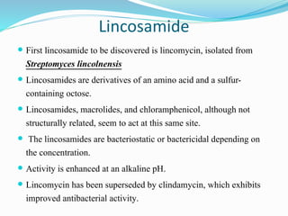 Lincosamide
 First lincosamide to be discovered is lincomycin, isolated from
Streptomyces lincolnensis
 Lincosamides are derivatives of an amino acid and a sulfur-
containing octose.
 Lincosamides, macrolides, and chloramphenicol, although not
structurally related, seem to act at this same site.
 The lincosamides are bacteriostatic or bactericidal depending on
the concentration.
 Activity is enhanced at an alkaline pH.
 Lincomycin has been superseded by clindamycin, which exhibits
improved antibacterial activity.
 