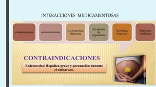 INTERACCIONES MEDICAMENTOSAS

Potencia efectos de carbamazepina.
Corticoides.
Digoxina (impide metabolización).
Puede aumentar concentraciones :
deteofilina y otras xantinas.
 