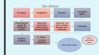 Uso clínicos
Faringitis. Amigdalitis Sinusitis.
bronquitis
aguda.
Exacerbación
aguda de
bronquitis
crónica.
Neumonía
bacteriana
(adquirida en
la comunidad).
Infección de
piel y tejidos
blandos leve-
moderada.
Foliculitis.
Celulitis,
erisipela.
H. Pylori.
Ulceras
duodenal.
Clari +lanso+amoxi
Clari+
azitro NAC
amb.
 