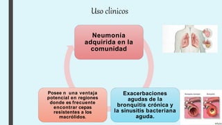 Uso clinicos
Neumonía
adquirida en la
comunidad
Exacerbaciones
agudas de la
bronquitis crónica y
la sinusitis bacteriana
aguda.
Posee n una ventaja
potencial en regiones
donde es frecuente
encontrar cepas
resistentes a los
macrólidos.
 