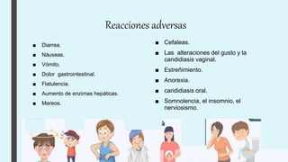 Reacciones adversas
■ Diarrea.
■ Náuseas.
■ Vómito.
■ Dolor gastrointestinal.
■ Flatulencia.
■ Aumento de enzimas hepáticas.
■ Mareos.
■ Cefaleas.
■ Las alteraciones del gusto y la
candidiasis vaginal.
■ Estreñimiento.
■ Anorexia.
■ candidiasis oral.
■ Somnolencia, el insomnio, el
nerviosismo.
 