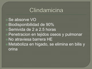 Se absorve VO
Biodisponibilidad de 90%
Semivida de 2 a 2.5 horas
Penetracion en tejidos oseos y pulmonar
No atraviesa barrera HE
Metaboliza en higado, se elimina en bilis y
orina
 