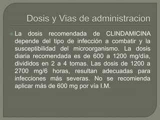  La dosis recomendada de CLINDAMICINA
depende del tipo de infección a combatir y la
susceptibilidad del microorganismo. La dosis
diaria recomendada es de 600 a 1200 mg/día,
divididos en 2 a 4 tomas. Las dosis de 1200 a
2700 mg/6 horas, resultan adecuadas para
infecciones más severas. No se recomienda
aplicar más de 600 mg por vía I.M.
 
