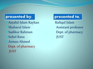 Asraful Islam Rayhan Rafiqul Islam
Shaharul Islam Assistant professor
Sadikur Rahman Dept. of pharmacy
Sohel Rana JUST
Arman Ahmed
Dept. of pharmacy
JUST
presented by, presented to,
 