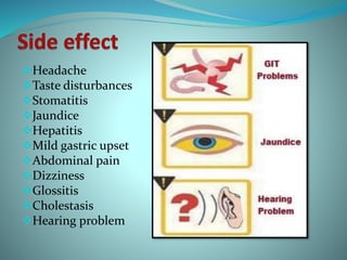 Headache
Taste disturbances
Stomatitis
Jaundice
Hepatitis
Mild gastric upset
Abdominal pain
Dizziness
Glossitis
Cholestasis
Hearing problem
 