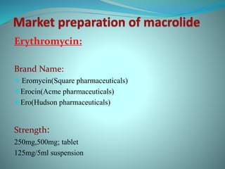 Erythromycin:
Brand Name:
 Eromycin(Square pharmaceuticals)
Erocin(Acme pharmaceuticals)
Ero(Hudson pharmaceuticals)
Strength:
250mg,500mg; tablet
125mg/5ml suspension
 