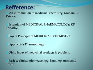  An introduction to medicinal chemistry; Graham L.
Patrick
Essentials of MEDICINAL PHARMACOLOGY; KD
Tripathy.
Foyel’s Principle of MEDICINAL CHEMISTRY.
Lippincott’s Pharmacology.
Qimp index of medicinal products & problem.
Basic & clinical pharmacology; katzumg, masters &
Trevor.
 
