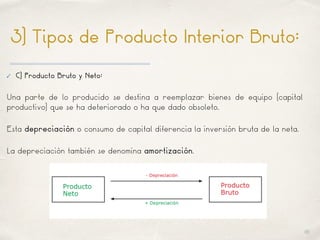 01
3) Tipos de Producto Interior Bruto:
✓ C) Producto Bruto y Neto:
Una parte de lo producido se destina a reemplazar bienes de equipo (capital
productivo) que se ha deteriorado o ha que dado obsoleto.
Esta depreciación o consumo de capital diferencia la inversión bruta de la neta.
La depreciación también se denomina amortización.
 