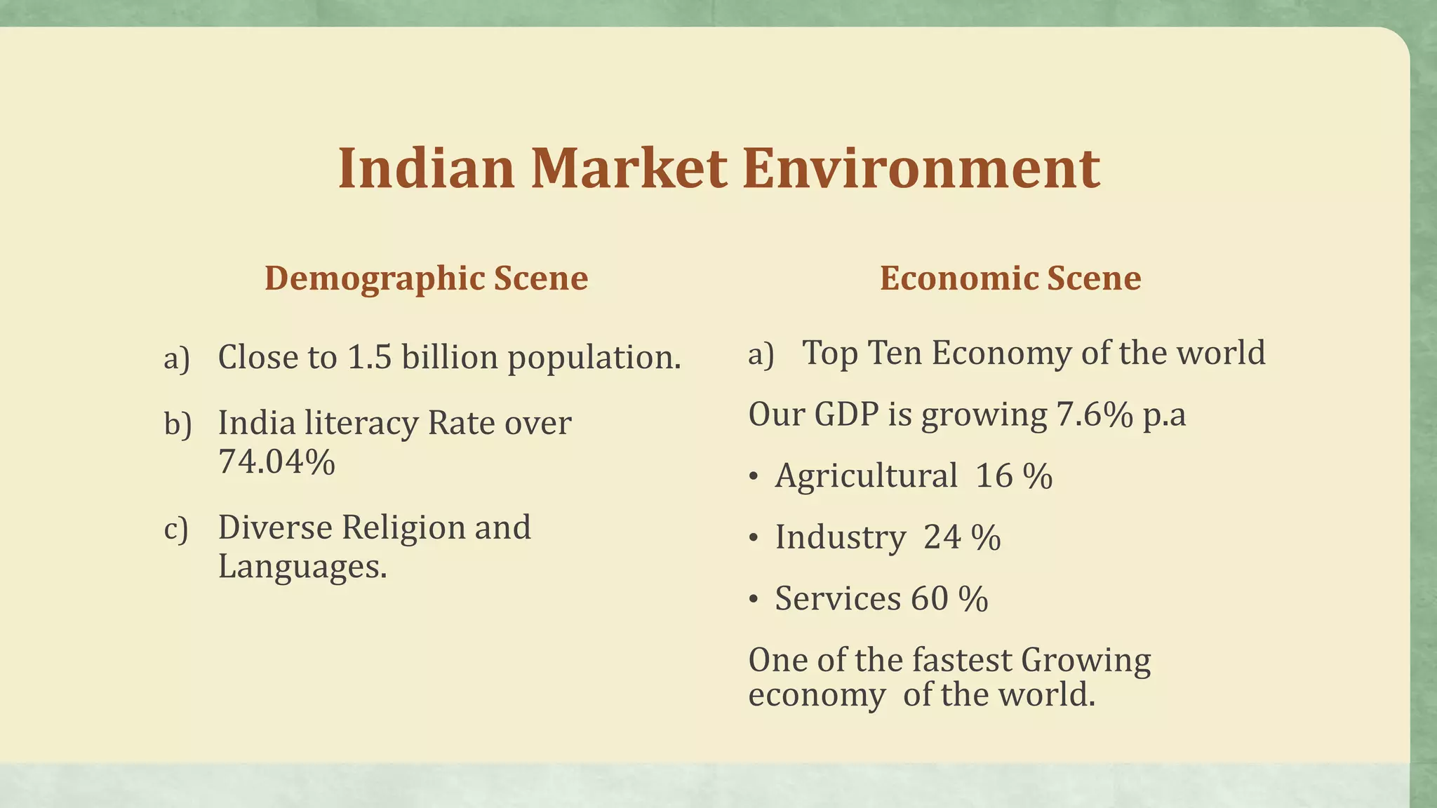 Indian Market Environment
Demographic Scene
a) Close to 1.5 billion population.
b) India literacy Rate over
74.04%
c) Diverse Religion and
Languages.
Economic Scene
a) Top Ten Economy of the world
Our GDP is growing 7.6% p.a
• Agricultural 16 %
• Industry 24 %
• Services 60 %
One of the fastest Growing
economy of the world.
 
