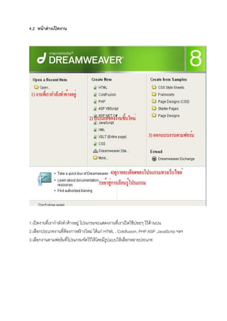 4.2 หน้าต่างเปิดงาน
1.เปิดงานทีเรากําลังทําค้างอยู่ โปรแกรมจะแสดงงานทีเราเปิดใช้บ่อยๆ ไว้ด้านบน
2.เลือกประเภทงานทีต้องการสร้างใหม่ ได้แก่ HTML , Coldfusion, PHP ASP ,JavaScrip ฯลฯ
3.เลือกงานตามฟอร์มทีโปรแกรมจัดไว้ให้โดยมีรูปแบบให้เลือกหลายประเภท
หน้าจอการทําง
 