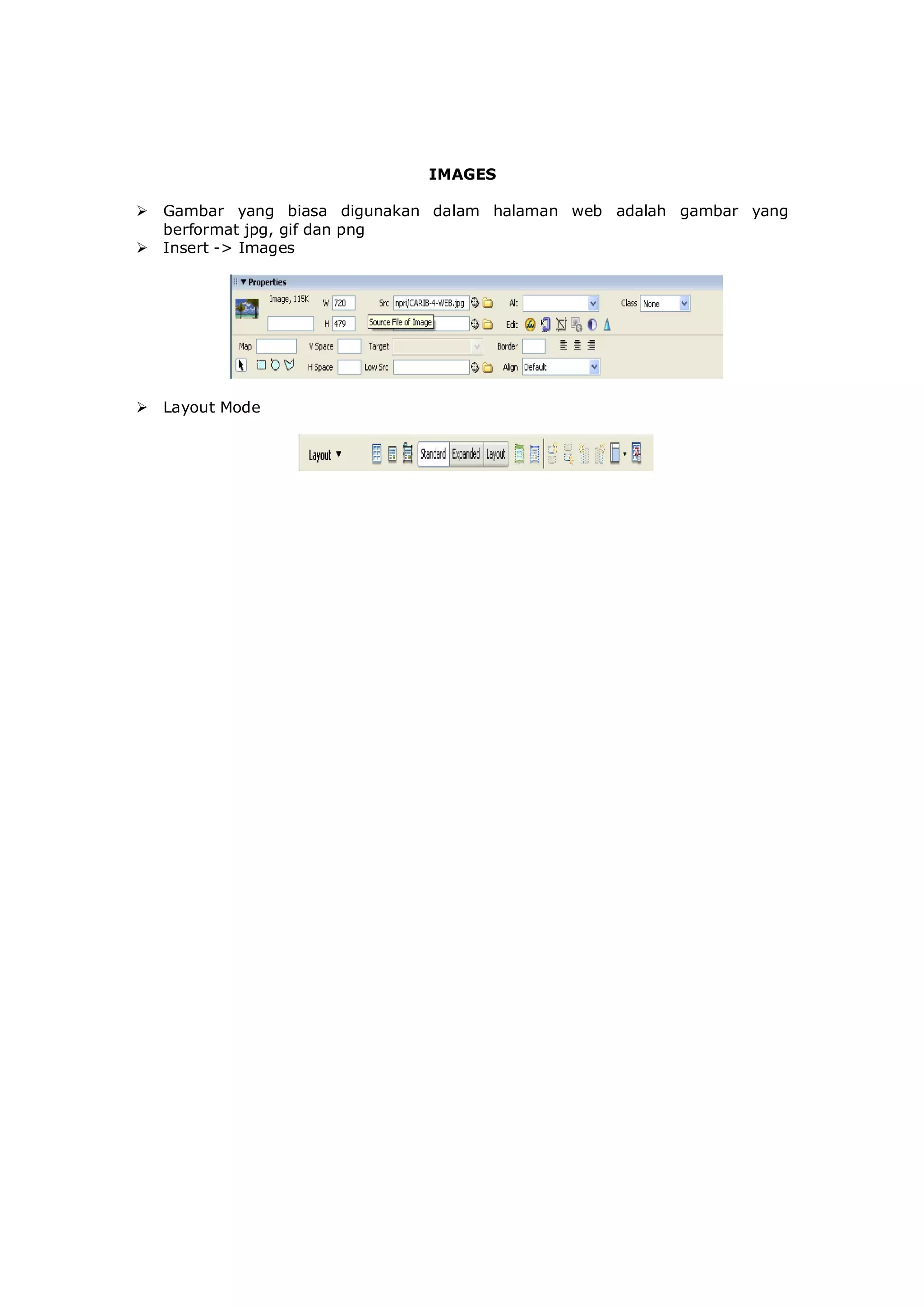 IMAGES
 Gambar yang biasa digunakan dalam halaman web adalah gambar yang
berformat jpg, gif dan png
 Insert -> Images
 Layout Mode
 