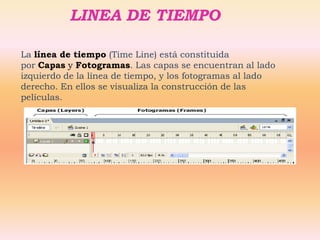 LINEA DE TIEMPO

La línea de tiempo (Time Line) está constituida
por Capas y Fotogramas. Las capas se encuentran al lado
izquierdo de la línea de tiempo, y los fotogramas al lado
derecho. En ellos se visualiza la construcción de las
películas.
 