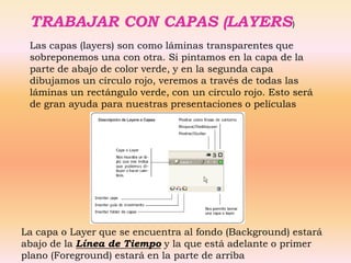 TRABAJAR CON CAPAS (LAYERS)
 Las capas (layers) son como láminas transparentes que
 sobreponemos una con otra. Si pintamos en la capa de la
 parte de abajo de color verde, y en la segunda capa
 dibujamos un círculo rojo, veremos a través de todas las
 láminas un rectángulo verde, con un círculo rojo. Esto será
 de gran ayuda para nuestras presentaciones o películas




La capa o Layer que se encuentra al fondo (Background) estará
abajo de la Línea de Tiempo y la que está adelante o primer
plano (Foreground) estará en la parte de arriba
 