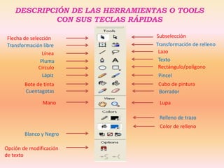 DESCRIPCIÓN DE LAS HERRAMIENTAS O TOOLS
             CON SUS TECLAS RÁPIDAS

 Flecha de selección             Subselección
 Transformación libre            Transformación de relleno
                 Línea            Lazo
                Pluma             Texto
               Circulo            Rectángulo/polígono
                 Lápiz           Pincel
        Bote de tinta            Cubo de pintura
        Cuentagotas              Borrador

                Mano              Lupa

                                  Relleno de trazo
                                  Color de relleno
        Blanco y Negro

Opción de modificación
de texto
 