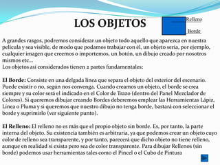 LOS OBJETOS
A grandes rasgos, podremos considerar un objeto todo aquello que aparezca en nuestra
película y sea visible, de modo que podamos trabajar con él, un objeto sería, por ejemplo,
cualquier imagen que creemos o importemos, un botón, un dibujo creado por nosotros
mismos etc...
Los objetos así considerados tienen 2 partes fundamentales:

El Borde: Consiste en una delgada línea que separa el objeto del exterior del escenario.
Puede existir o no, según nos convenga. Cuando creamos un objeto, el borde se crea
siempre y su color será el indicado en el Color de Trazo (dentro del Panel Mezclador de
Colores). Si queremos dibujar creando Bordes deberemos emplear las Herramientas Lápiz,
Línea o Pluma y si queremos que nuestro dibujo no tenga borde, bastará con seleccionar el
borde y suprimirlo (ver siguiente punto).

El Relleno: El relleno no es más que el propio objeto sin borde. Es, por tanto, la parte
interna del objeto. Su existencia también es arbitraria, ya que podemos crear un objeto cuyo
color de relleno sea transparente, y por tanto, parecerá que dicho objeto no tiene relleno,
aunque en realidad sí exista pero sea de color transparente. Para dibujar Rellenos (sin
borde) podemos usar herramientas tales como el Pincel o el Cubo de Pintura
 