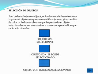 SELECCIÓN DE OBJETOS

Para poder trabajar con objetos, es fundamental saber seleccionar
la parte del objeto que queramos modificar (mover, girar, cambiar
de color...). Podremos observar que las partes de un objeto
seleccionadas toman una apariencia con textura para indicar que
están seleccionadas.



                           OBJETO SIN
                          SELECCIONAR




                     OBJETO CON EL BORDE
                        SELECCIONADO




             OBJETO CON EL RELENO SELECCIONADO
 