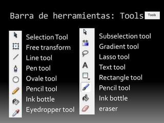 Barra de herramientas: Tools

   Selection Tool    Subselection tool
   Free transform    Gradient tool
   Line tool         Lasso tool
   Pen tool          Text tool
   Ovale tool        Rectangle tool
   Pencil tool       Pencil tool
   Ink bottle        Ink bottle
   Eyedropper tool   eraser
 