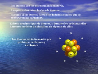 Los átomos son los que forman la materia. Las partículas están hechas de átomos.  Es como si los átomos fueran los ladrillos con los que se construyen las partículas. Existen muchos tipos de átomos, y durante los próximos días haremos modelos de plastilina de algunos de ellos Los átomos están formados por protones, neutrones y electrones 
