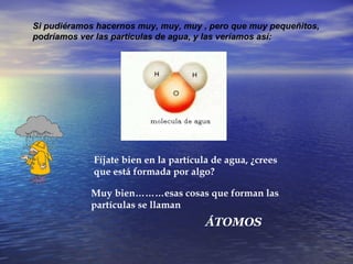 Si pudiéramos hacernos muy, muy, muy , pero que muy pequeñitos, podríamos ver las partículas de agua, y las veríamos así: Fíjate bien en la partícula de agua, ¿crees que está formada por algo? Muy bien………esas cosas que forman las partículas se llaman ÁTOMOS 