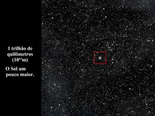 1 trilhão de quilômetros (10 15 m) O Sol um  pouco maior. 