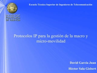 Protocolos IP para la gestión de la macro y
micro-movilidad
Escuela Técnica Superior de Ingenieros de Telecomunicación
David García Juan
Héctor Sala Gisbert
 