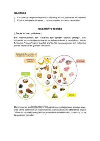 OBJETIVOS
 Conocer los componentes macronutrientes y micronutrientes en los cereales
 Explicar lo importante que es consumir cereales en ciertas cantidades.
FUNDAMENTO TEORICO
¿Qué es un macronutriente?
Los macronutrientes son nutrientes que aportan calorías (energía). Los
nutrientes son sustancias necesarias para el crecimiento, el metabolismo y otras
funciones. Ya que “macro” significa grande, los macronutrientes son nutrientes
que se necesitan en grandes cantidades.
Denominamos MACRONUTRIENTES a proteínas, carbohidratos, grasas y agua,
esta última es también un macronutriente, pero dado que no obtenemos ningún
"alimento" de ella (ni energía ni otros componentes esenciales), a menudo no se
la considera como tal.
 