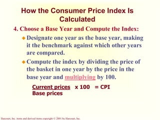 Harcourt, Inc. items and derived items copyright © 2001 by Harcourt, Inc.
How the Consumer Price Index Is
Calculated
4. Choose a Base Year and Compute the Index:
 Designate one year as the base year, making
it the benchmark against which other years
are compared.
 Compute the index by dividing the price of
the basket in one year by the price in the
base year and multiplying by 100.
Current prices x 100 = CPI
Base prices
 