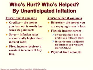 Harcourt, Inc. items and derived items copyright © 2001 by Harcourt, Inc.
Who’s Hurt? Who’s Helped?
By Unanticipated Inflation
You’re hurt if you are a
 Creditor – the money
you loan out is worth less
when its paid back
 Saver – inflation rates
are normally higher than
interest rates
 Fixed income receiver- a
constant income will buy
less.
You’re helped if you are a
 Borrower- the money you
are repaying is worth less
 Flexible income earner-
 if your income is tied to
profits you will earn more
 If your income is adjusted
for inflation you will earn
more (COLA)
 Payer of fixed amounts
 