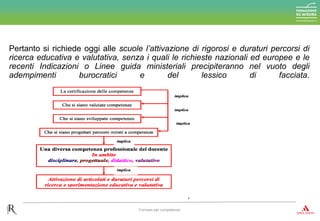 Pertanto si richiede oggi alle scuole l’attivazione di rigorosi e duraturi percorsi di
ricerca educativa e valutativa, senza i quali le richieste nazionali ed europee e le
recenti Indicazioni o Linee guida ministeriali precipiteranno nel vuoto degli
adempimenti burocratici e del lessico di facciata.
Formare per competenze
 