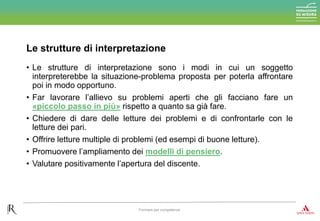 • Le strutture di interpretazione sono i modi in cui un soggetto
interpreterebbe la situazione-problema proposta per poterla affrontare
poi in modo opportuno.
• Far lavorare l’allievo su problemi aperti che gli facciano fare un
«piccolo passo in più» rispetto a quanto sa già fare.
• Chiedere di dare delle letture dei problemi e di confrontarle con le
letture dei pari.
• Offrire letture multiple di problemi (ed esempi di buone letture).
• Promuovere l’ampliamento dei modelli di pensiero.
• Valutare positivamente l’apertura del discente.
Le strutture di interpretazione
Formare per competenze
 
