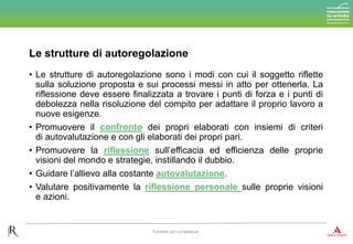 • Le strutture di autoregolazione sono i modi con cui il soggetto riflette
sulla soluzione proposta e sui processi messi in atto per ottenerla. La
riflessione deve essere finalizzata a trovare i punti di forza e i punti di
debolezza nella risoluzione del compito per adattare il proprio lavoro a
nuove esigenze.
• Promuovere il confronto dei propri elaborati con insiemi di criteri
di autovalutazione e con gli elaborati dei propri pari.
• Promuovere la riflessione sull’efficacia ed efficienza delle proprie
visioni del mondo e strategie, instillando il dubbio.
• Guidare l’allievo alla costante autovalutazione.
• Valutare positivamente la riflessione personale sulle proprie visioni
e azioni.
Le strutture di autoregolazione
Formare per competenze
 