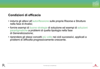 Condizioni di efficacia
Formare per competenze
• indurre gli allievi all’autoriflessione sulle proprie Risorse e Strutture
nella fase di Analisi;
• fornire esempi di buone strategie di soluzione ed esempi di soluzioni
paradigmatiche a problemi di quella tipologia nella fase
di Generalizzazione;
• riprendere gli stessi concetti più volte nei cicli successivi, applicati a
problemi di difficoltà progressivamente crescente.
 