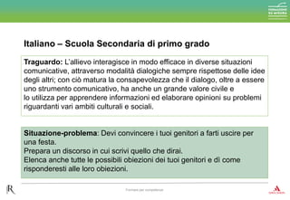 Italiano – Scuola Secondaria di primo grado
Formare per competenze
Traguardo: L’allievo interagisce in modo efficace in diverse situazioni
comunicative, attraverso modalità dialogiche sempre rispettose delle idee
degli altri; con ciò matura la consapevolezza che il dialogo, oltre a essere
uno strumento comunicativo, ha anche un grande valore civile e
lo utilizza per apprendere informazioni ed elaborare opinioni su problemi
riguardanti vari ambiti culturali e sociali.
Situazione-problema: Devi convincere i tuoi genitori a farti uscire per
una festa.
Prepara un discorso in cui scrivi quello che dirai.
Elenca anche tutte le possibili obiezioni dei tuoi genitori e dì come
risponderesti alle loro obiezioni.
 