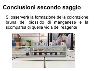 Conclusioni secondo saggio
Si osserverà la formazione della colorazione
bruna del biossido di manganese e la
scomparsa di quella viola del reagente
 