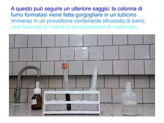 A questo può seguire un ulteriore saggio: la colonna di
fumo formatasi viene fatta gorgogliare in un tubicino
immerso in un provettone contenente idrossido di bario;
così facendo si noterà la precipitazione di carbonato.
 