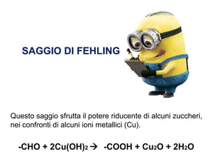 SAGGIO DI FEHLING
Questo saggio sfrutta il potere riducente di alcuni zuccheri,
nei confronti di alcuni ioni metallici (Cu).
-CHO + 2Cu(OH)2  -COOH + Cu2O + 2H2O
 