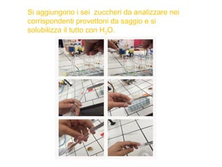 Si aggiungono i sei zuccheri da analizzare nei
corrispondenti provettoni da saggio e si
solubilizza il tutto con H2O.
 