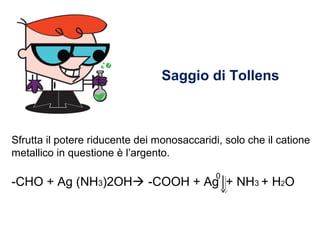 Sfrutta il potere riducente dei monosaccaridi, solo che il catione
metallico in questione è l’argento.
-CHO + Ag (NH3)2OH -COOH + Ag + NH3 + H2O
Saggio di Tollens
0
 
