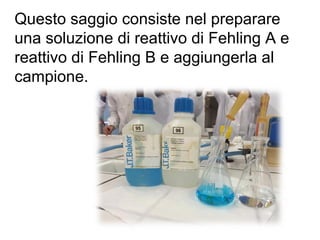 Questo saggio consiste nel preparare
una soluzione di reattivo di Fehling A e
reattivo di Fehling B e aggiungerla al
campione.
 