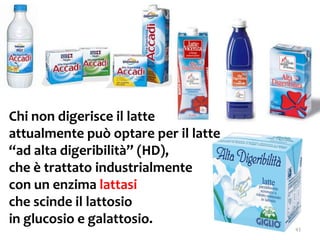 Chi non digerisce il latte
attualmente può optare per il latte
“ad alta digeribilità” (HD),
che è trattato industrialmente
con un enzima lattasi
che scinde il lattosio
in glucosio e galattosio.
43
 