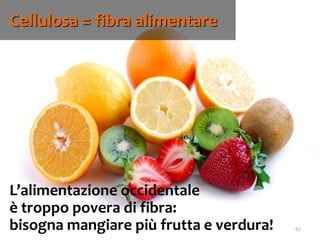 67
L’alimentazione occidentale
è troppo povera di fibra:
bisogna mangiare più frutta e verdura!
Cellulosa = fibra alimentare
 