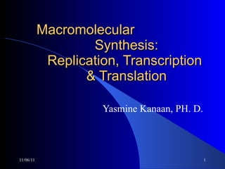 Macromolecular  Synthesis: Replication, Transcription  & Translation Yasmine Kanaan, PH. D. 11/06/11 