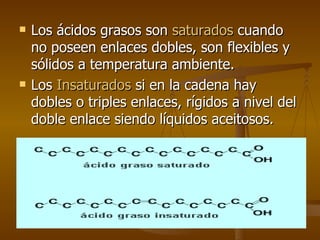 Los ácidos grasos son  saturados  cuando no poseen enlaces dobles, son flexibles y sólidos a temperatura ambiente.  Los  Insaturados  si en la cadena hay dobles o triples enlaces, rígidos a nivel del doble enlace siendo líquidos aceitosos.  