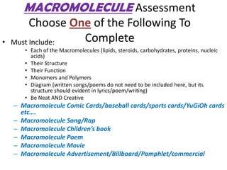 MACROMOLECULE AssessmentChoose One of the Following To Complete Must Include: Each of the Macromolecules (lipids, steroids, carbohydrates, proteins, nucleic acids) Their Structure Their Function Monomers and Polymers Diagram (written songs/poems do not need to be included here, but its structure should evident in lyrics/poem/writing) Be Neat AND Creative Macromolecule Comic Cards/baseball cards/sports cards/YuGiOh cards etc…. Macromolecule Song/Rap Macromolecule Children’s book Macromolecule Poem Macromolecule Movie Macromolecule Advertisement/Billboard/Pamphlet/commercial 