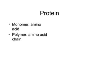 Protein Monomer: amino acid  Polymer: amino acid chain  