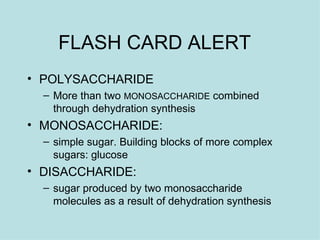 FLASH CARD ALERT  POLYSACCHARIDE  More than two  MONOSACCHARIDE  combined through dehydration synthesis  MONOSACCHARIDE:  simple sugar. Building blocks of more complex sugars: glucose  DISACCHARIDE:  sugar produced by two monosaccharide molecules as a result of dehydration synthesis  