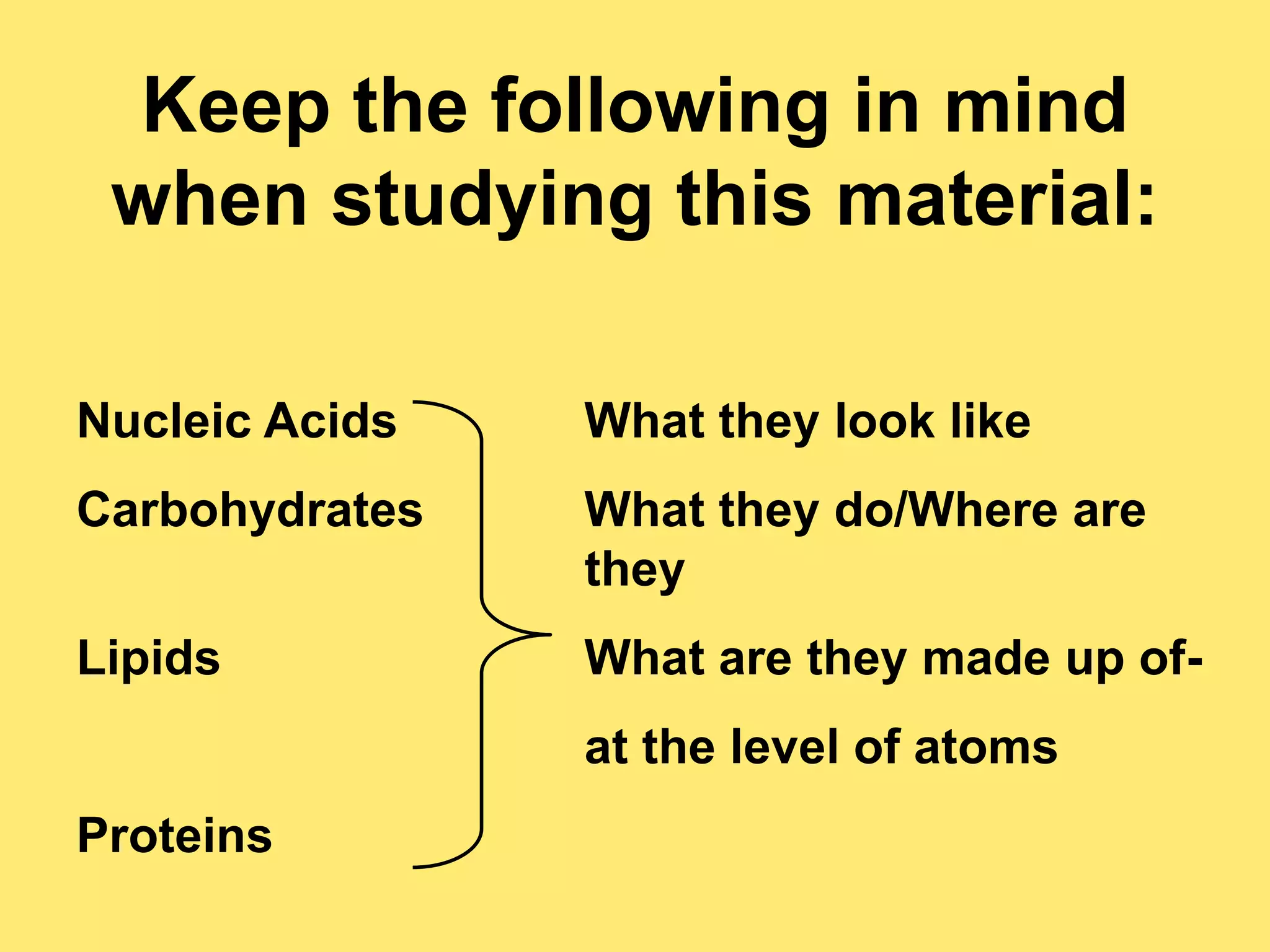 Keep the following in mind
 when studying this material:

Nucleic Acids   What they look like
Carbohydrates   What they do/Where are
                they
Lipids          What are they made up of-
                at the level of atoms
Proteins
 