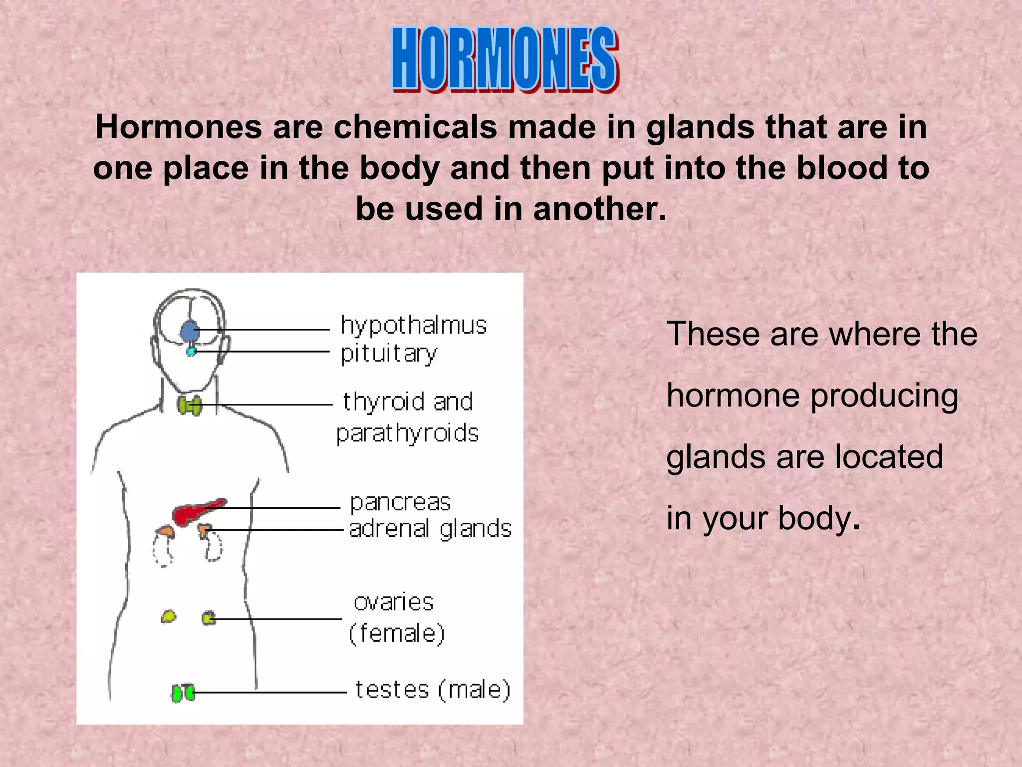 Hormones are chemicals made in glands that are in
one place in the body and then put into the blood to
                 be used in another.


                                   These are where the
                                   hormone producing
                                   glands are located
                                   in your body.
 