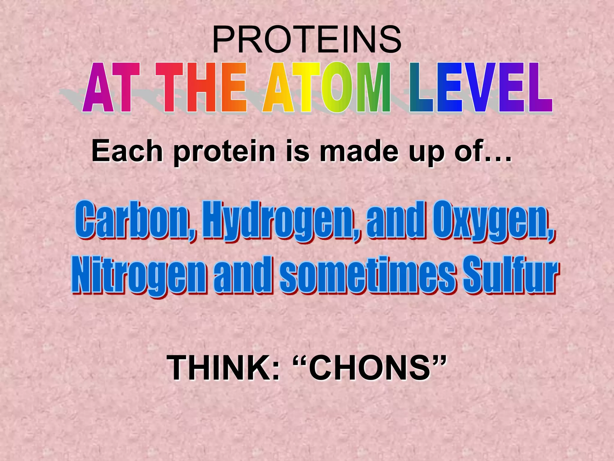 PROTEINS

Each protein is made up of…




    THINK: “CHONS”
 